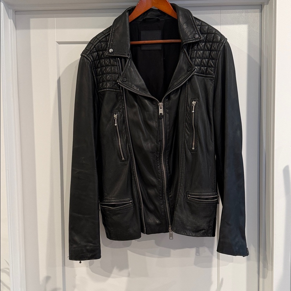 All Saints Rowley Leather Biker Jacket - ANTHRACITE GREY - L